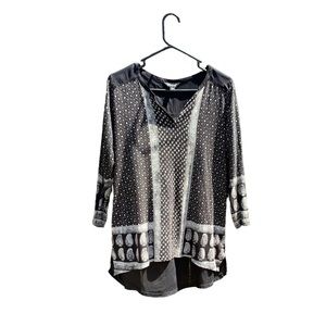 Lucky Brand Shirt Blouse Top Paisley Henley Black With Detail Large